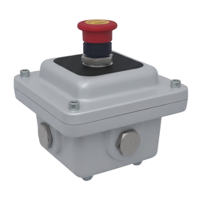 Emergency stop push button in an Ex d die-cast aluminium enclosure
